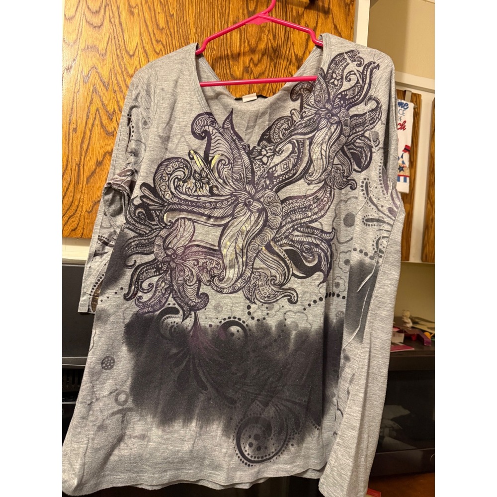 Only Nine Woman Grey Graphic Tunic Top 3/4‎ Sleeve Gold Foil Boho Plus Size 1X